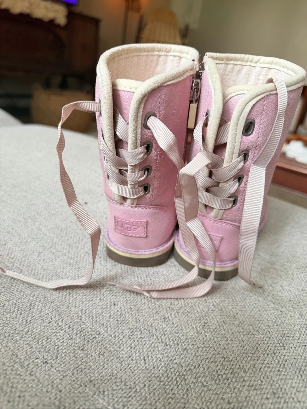 UGG Girls Light Pink Lace-Up Ankle Boots